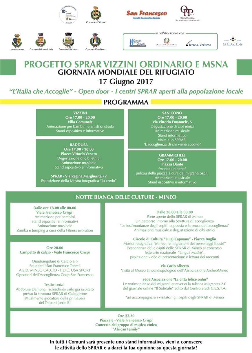 Giornata mondiale del rifugiato 17 Giugno a Vizzini, Raddusa, San Cono, Grammichele e Mineo