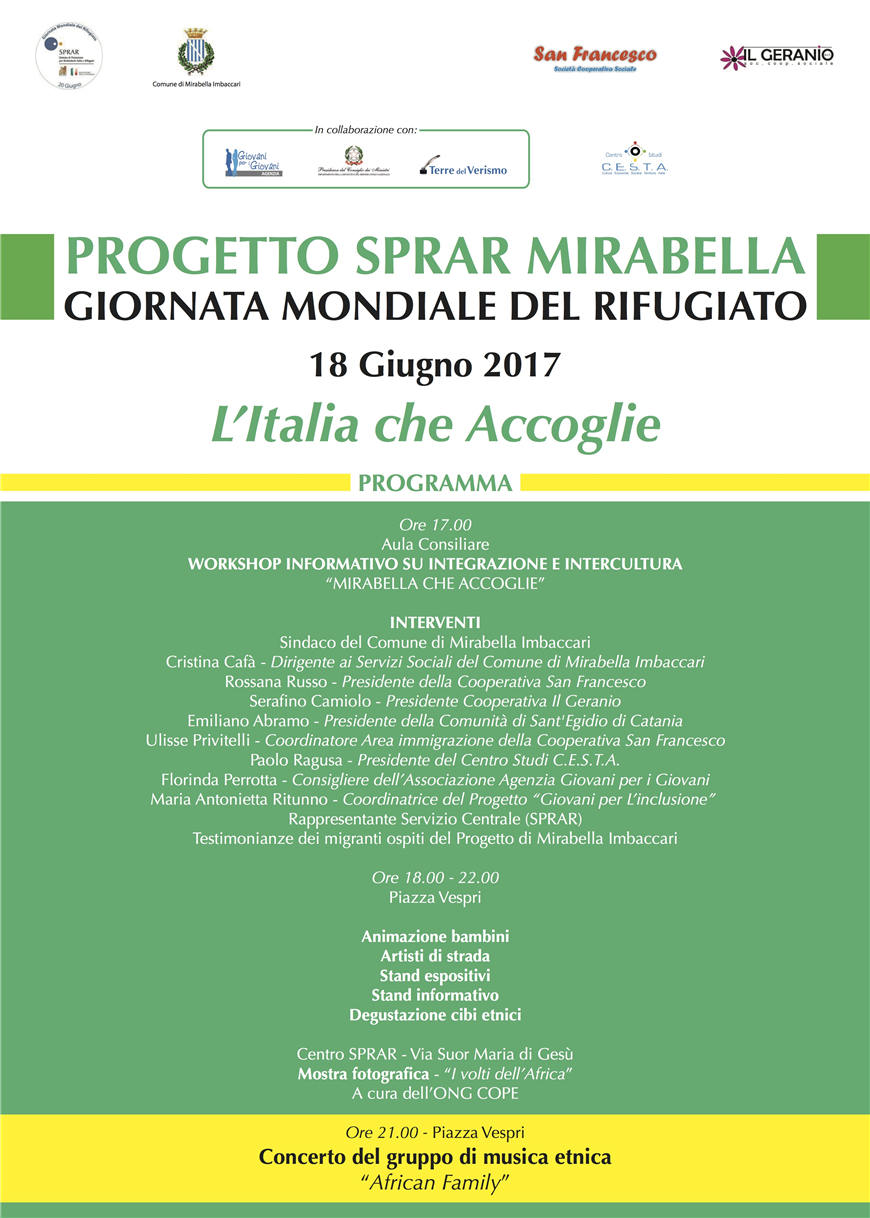 Giornata mondiale del rifugiato il 18 giugno a Mirabella Imbaccari, un workshop su integrazione e intercultura